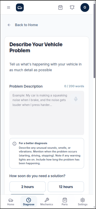 Roadside Assistant driver diagnosis form on a mobile phone